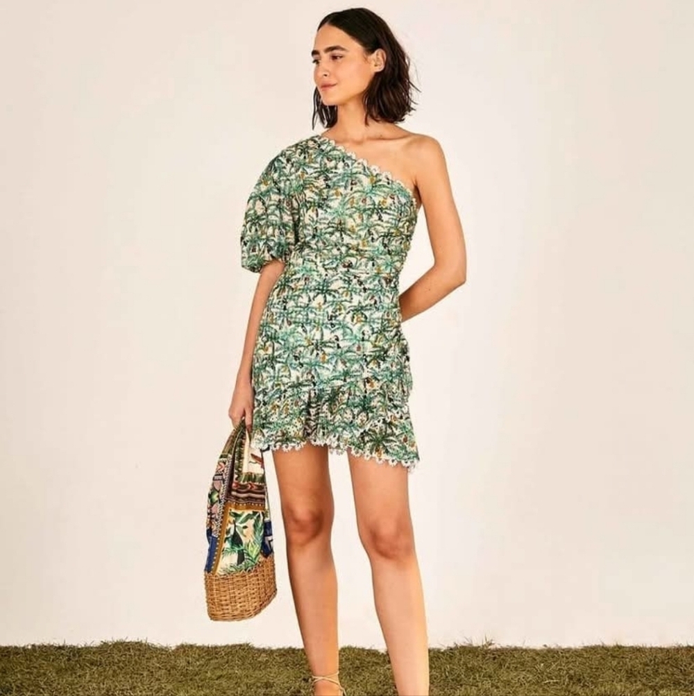 FARM Rio Toucans Tropical Green One-Shoulder Mini Dress
